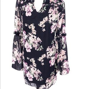 Women's Long Sleeve V-neck Floral Navy Shift Dress